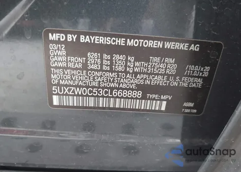 2012 BMW X5 xDrive35D z USA, uszkodzony, nr VIN 5UXZW0C53CL668888